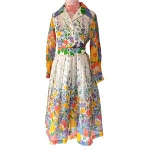 Vintage 70s All Rite Floral Belted Sz 12 Pleated Prairie Long Sleeve Midi Dress